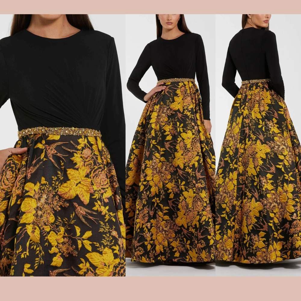 NWT Mac Duggal [ 8 ] 69000 Long Sleeve Floral Brocade Ball Gown Black Gold J2371